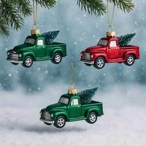 Set of 3 Vintage Truck Christmas Ornaments – Holiday Tree Décor, 2 green 1 red